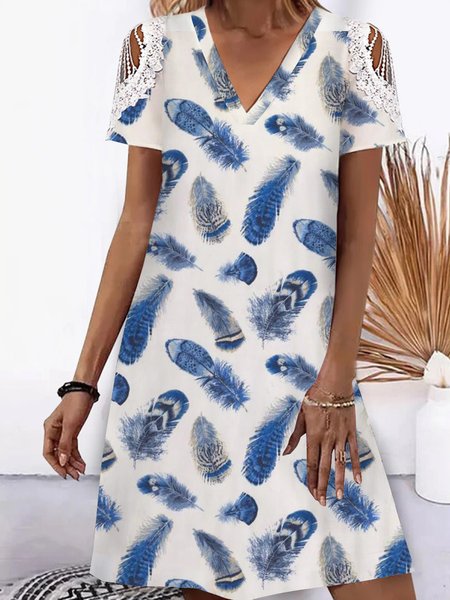 

Hand painted gradient feather loose a-hem off shoulder lace holiday dress midi Plus Size, Blue, Dresses