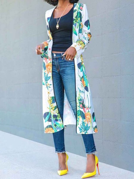 

Loosen Floral Collarless Long Sleeve Cardigan, Multicolor, Kimonos