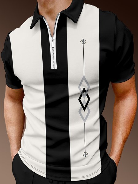 

Casual Art Collection Striped Geometric Lapel Short Sleeve Polo Print Top, Black, Men's t-shirts