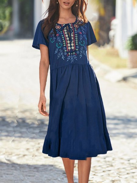

Crew Neck Loosen Vacation Short Sleeve Woven Dress, Blue, Dresses