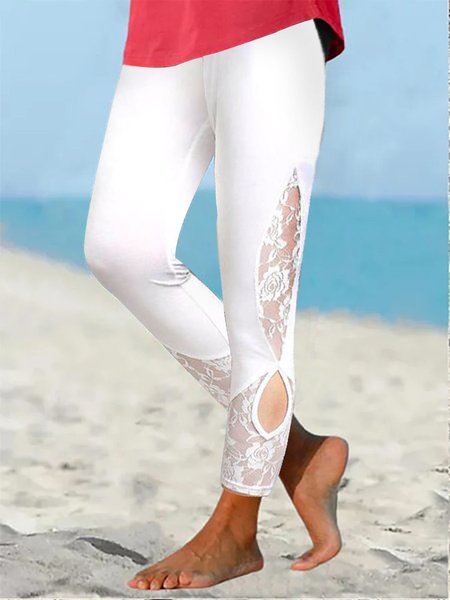 

Women's Lace Panel Design Slim Pants, White, Pants