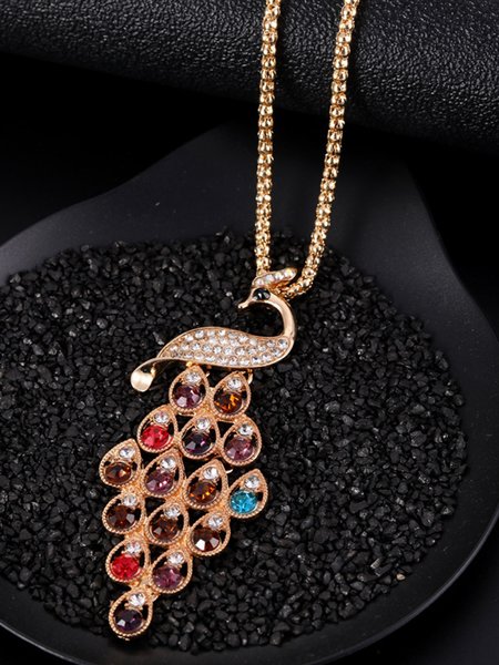 

JFN Vintage Color Jeweled Peacock Necklace Sweater Chain, As picture, Necklaces