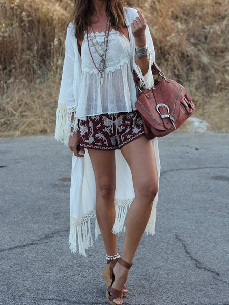 

Collarless Loosen Plain Vacation Cardigan, White, Kimonos
