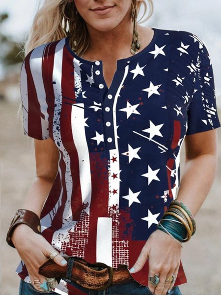 

Geometric gradient star button Easter American flag print top T-shirt Plus Size, Red-blue, Tees & T-shirts