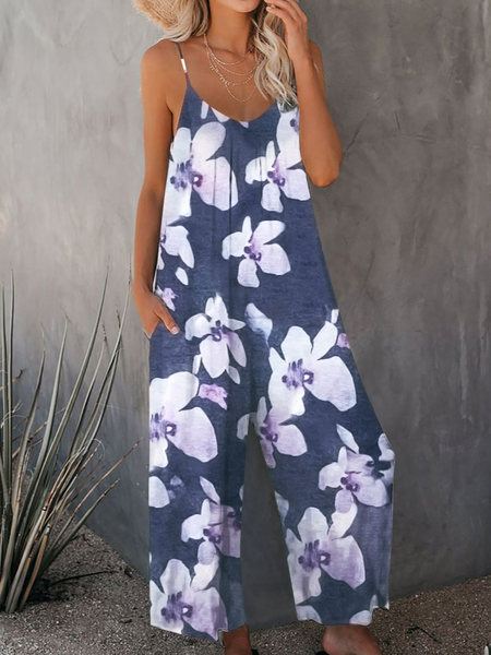 

Spaghetti Floral Loosen Jumpsuit & Romper, Navy blue, Jumpsuits＆Rompers