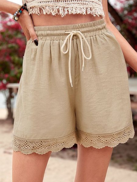 

Vacation Cotton Solid Casual Loosen Pockets Plus Size Shorts, Apricot, Shorts