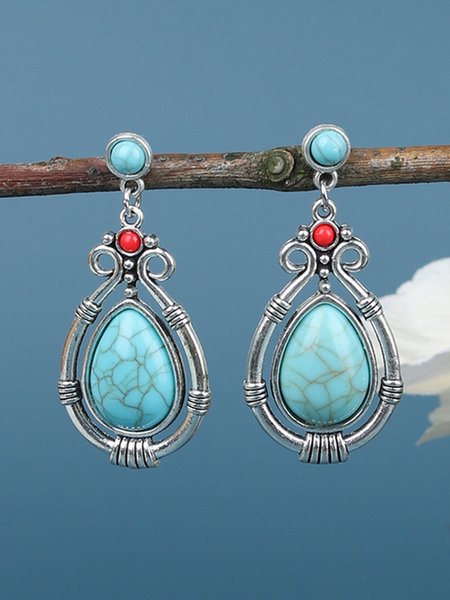 

Boho Ethnic Vintage Drop-Shaped Turquoise Tassel Earrings, Aqua blue, Earrings