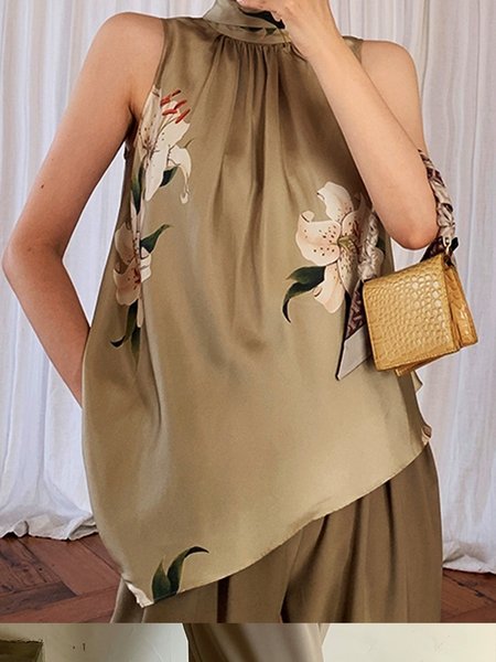 

Stand Collar Floral Regular Fit Short Sleeve Top, Apricot, Tunics