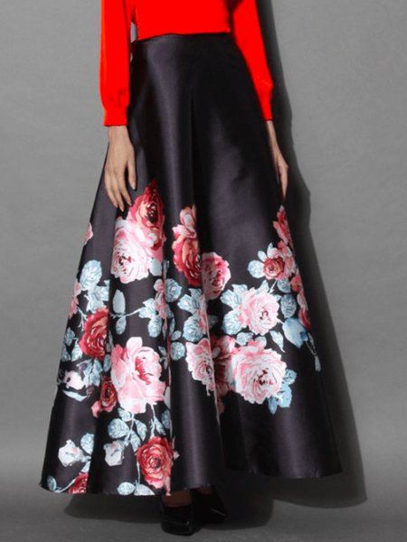 

Summer Lightweight A LineA Floral Elegant Long Zipper fly Skirt, Black, Maxi Skirts