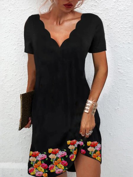 

Sexy V Neck Short Sleeve Woven Dress, Black, Floral Dresses
