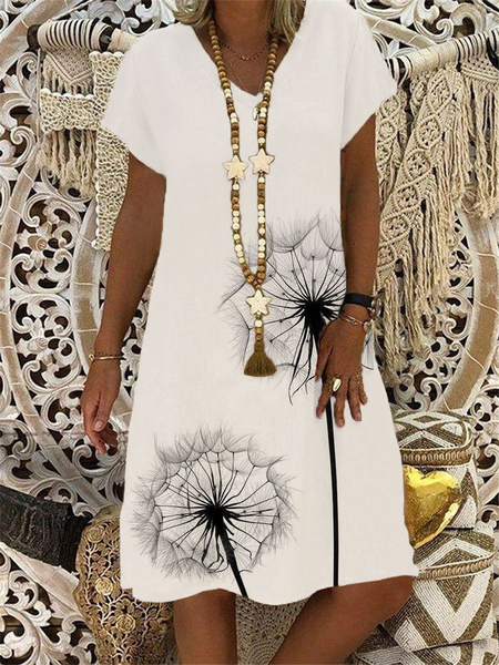 

V Neck Casual Plants Short Sleeve Woven Dress, White, Mini Dresses