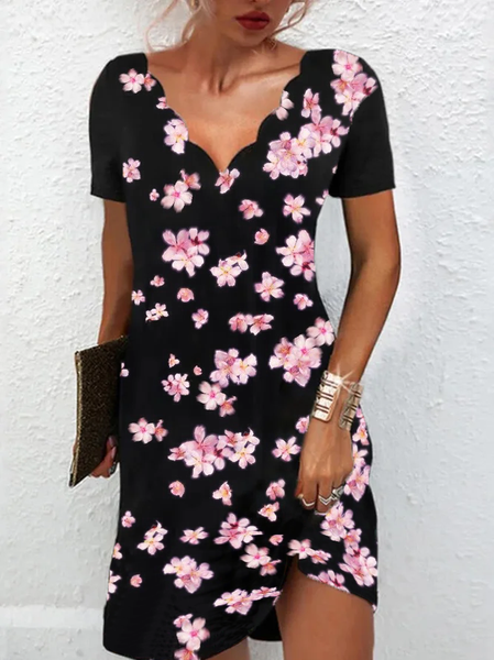 

Floral Regular Fit Short Sleeve Woven Dress, Black, Dresses
