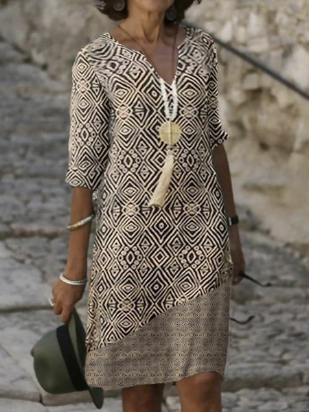 

Tribal Geometric Printed Boho Loosen V Neck Short Sleeve Midi Woven Dress, As picture, Dresses