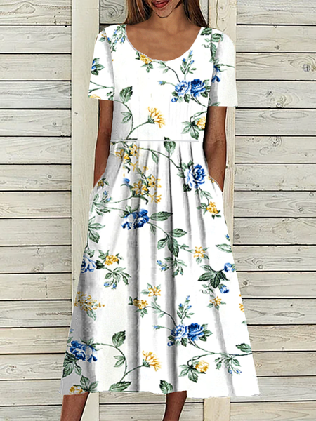 Pockets Casual Short Sleeve Woven Dress, White, Midi Dresses