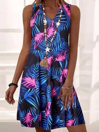 

V Neck Loosen Leaves Sleeveless Woven Dresses, Blue, Dresses