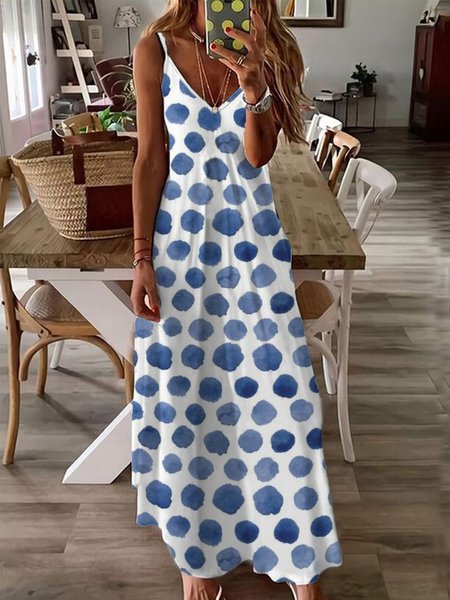 Casual Polka Dots V Neck Short Sleeve Knit Dress, Blue, Maxi Dresses