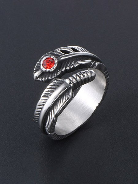 

JFN Casual Vintage Style Diamond Feather Red Sapphire Titanium Ring, As picture, Rings