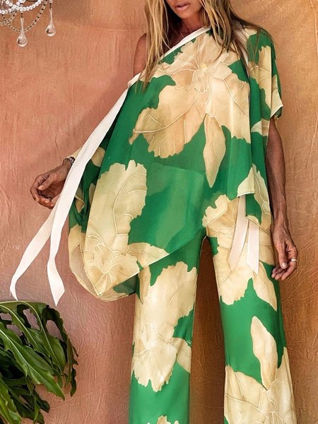 

Vacation Loosen Floral Short Sleeve Top, Green, Blouses and Shirts