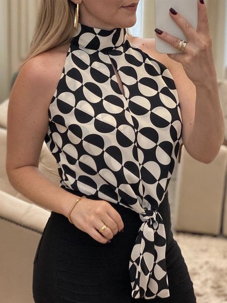 

Casual Polka Dots Sleeveless Top, Black, Tops