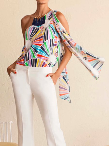 

Summer Asymmetrical Neck Lightweight Vacation Regular Fit Short Sleeve Tops, Multicolor, Tunics