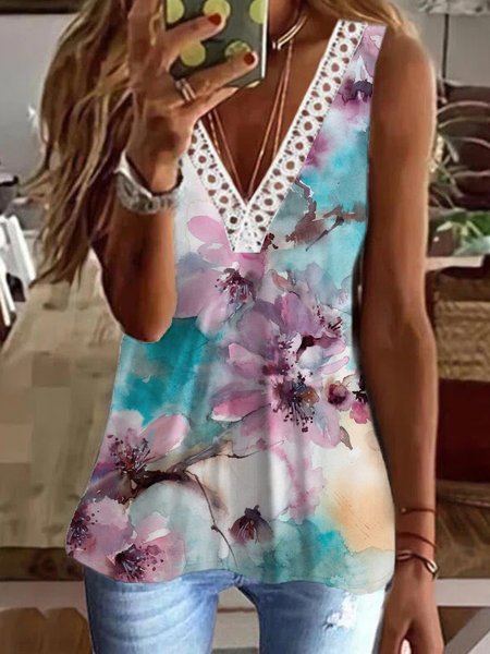 

Watercolor Floral Print Hot Sale Summer New Ladies Casual Sleeveless Top, Multicolor, Tanks & Camis