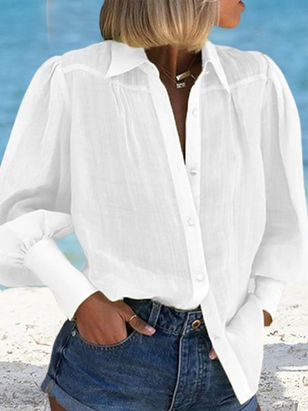 

Loosen Shirt Collar Basics Long Sleeve Blouse, White, Blouses & Shirts