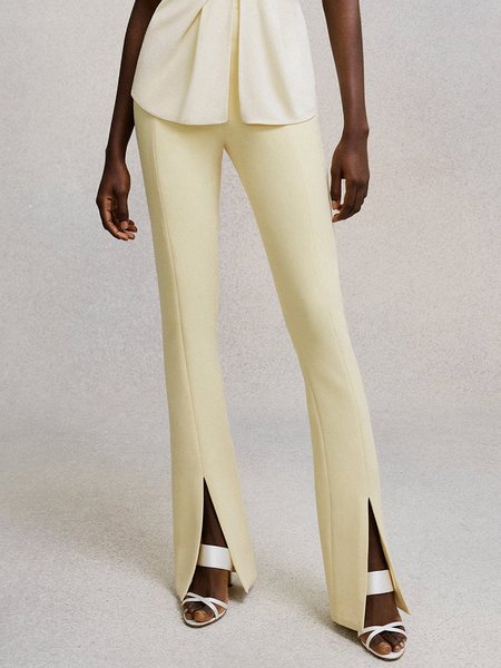 

Simple Solid Formal Slit Flare Leg Pants, Light yellow, Wide Leg Pants