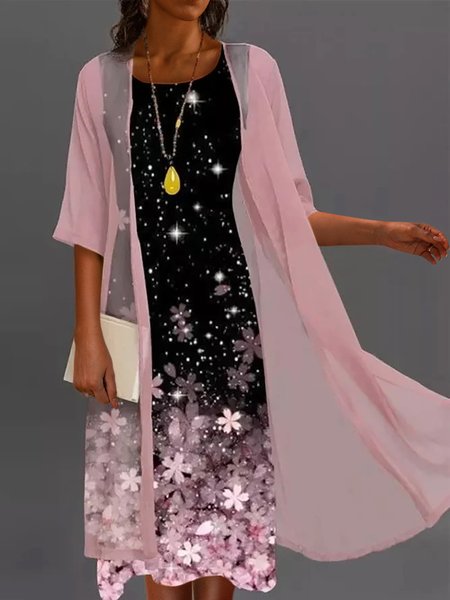 

Two Piece Floral Sleeveless Round Neck Printed Dress With Three Quarter Sleeve Outwear, Pink, Midi