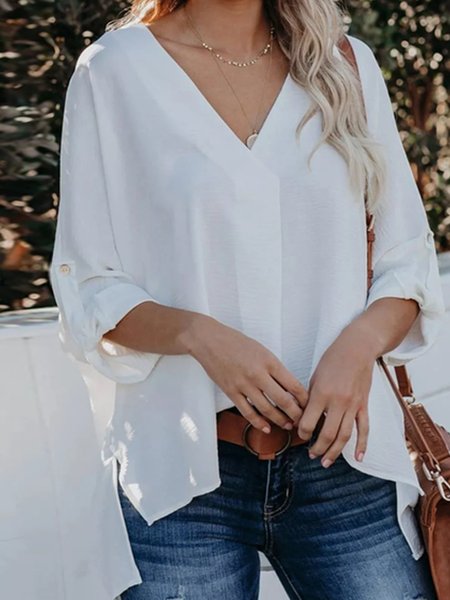 

V Neck Loosen Plain Short Sleeve Tops, White, Blouses & Shirts