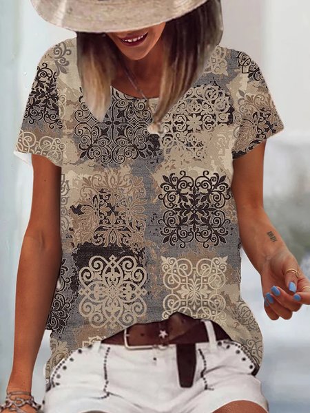 

Casual Geometric Printed Round Neck Loosen Short Sleeve T-shirt, As picture, T-Shirts