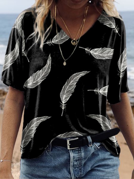

Feather V Neck Loosen Short Sleeve T-Shirt, Black, T-Shirts