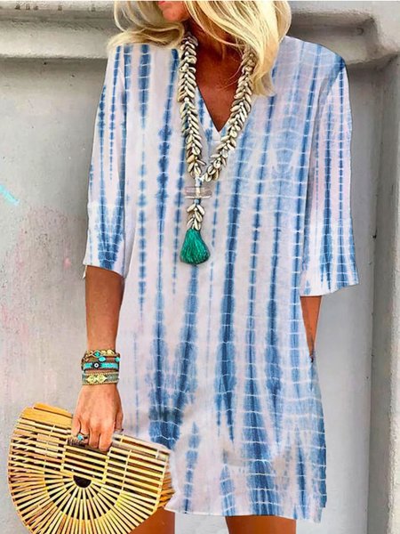 

Striped Printed Holiday Casual Short Sleeve V-neck Loose Mini Dress, Blue, Dresses