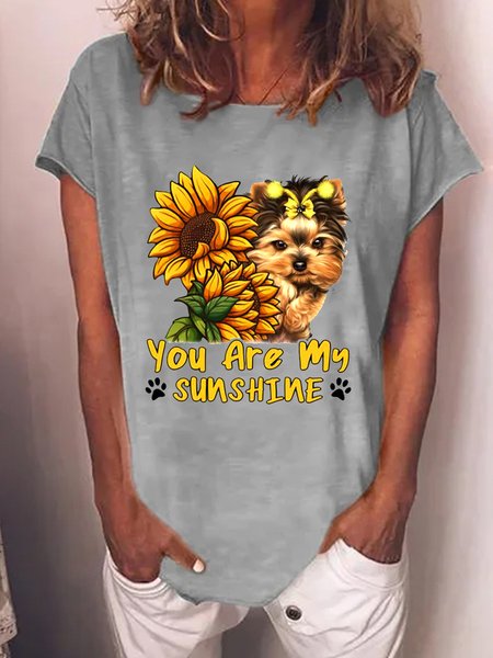 

You Are My Sunshine Funny Dog Sunflower Print T-shirt, Gray, T-shirts