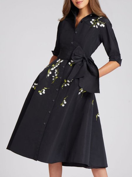 

Printed Elegant Three Quarter Shirt Collar Dress, Black, Midi Dresses