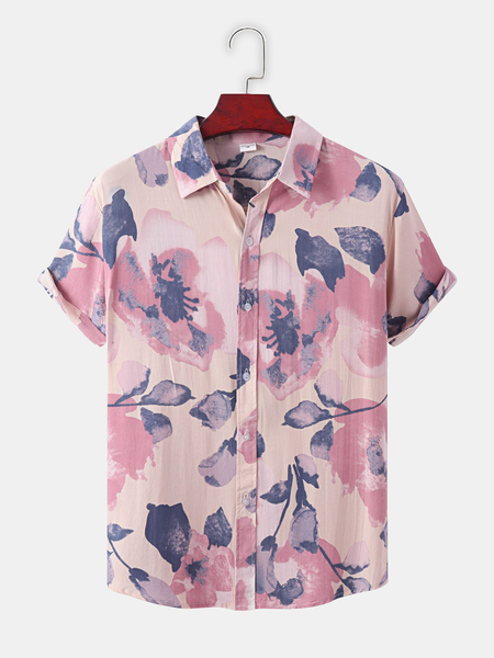 

Cotton Linen Botanical Floral Print Lapel Cozy Linen Shirt, As picture, Blouses&Shirts