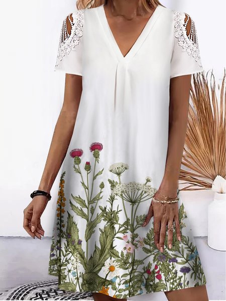 

Vacation Floral Plants Printed Casual Loosen Lace Patchwork V Neck Midi Short Sleeve Knit Dress, White, Mini Dresses