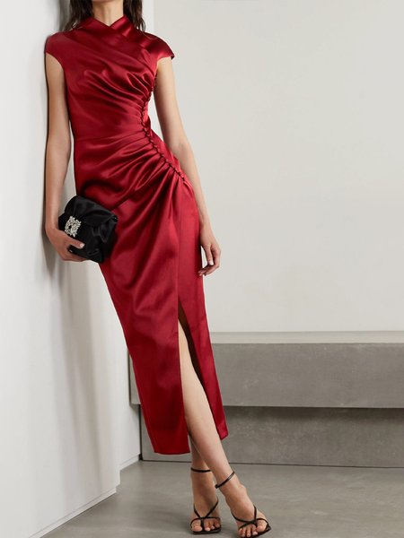 

Plain Skinny Elegant Short Sleeve Woven Midi Dress, Red, Maxi Dresses