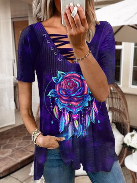 

Vacation Loosen V Neck Short Sleeve T-Shirt, Multicolor, T-Shirts