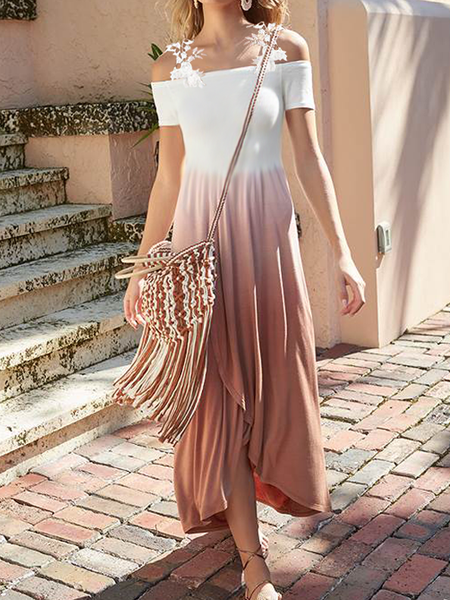 

Lace Off-the-Shoulder Ombre Resort Dress Casual Short Sleeve Knit Dress, Brown, Dresses