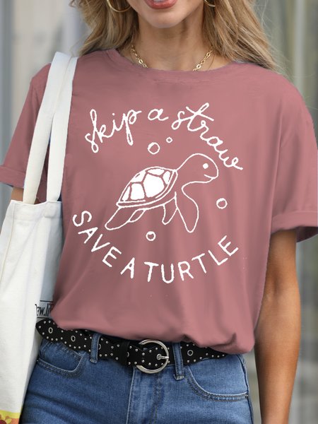 

Womens Save A Turtle Letter Printed Crew Neck Short Sleeve T-Shirt, Pink, T-shirts