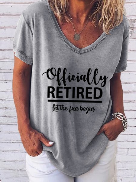 

Officially Retired Let The Fun Begin Funny V-neck T-shirt, Gray, T-shirts