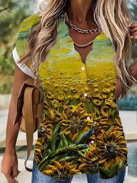 

V Neck Floral Loosen Short Sleeve Blouse, Yellow, Shirts & Blouses