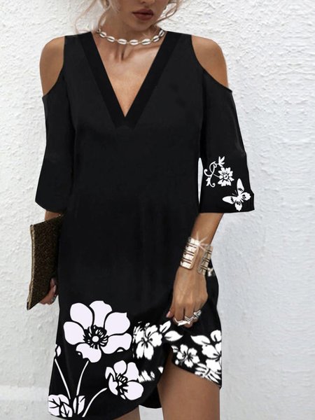 Casual Cotton Blends Short Sleeve Knit Dress, Black, Mini Dresses