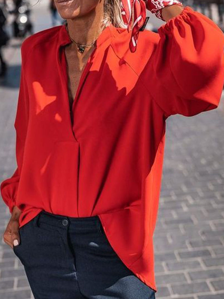 

Bishop Sleeve Casual Loosen Long Sleeve Blouse, Red, Shirts & Blouses