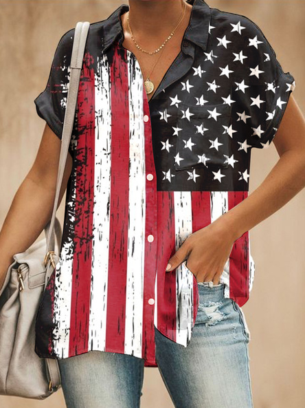 

Casual Shirt Collar Flag Short Sleeve Blouse, Multicolor, Shirts & Blouses