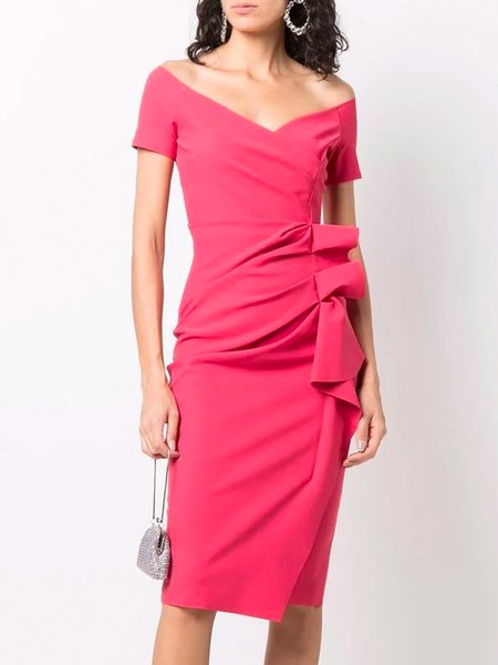 Plain Elegant V Neck Short Sleeve Knit Dress, Rose red, Midi Dresses