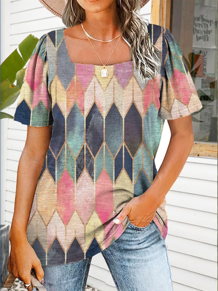 

Casual Geometric Loosen Short Sleeve T-Shirt, Multicolor, T-Shirts