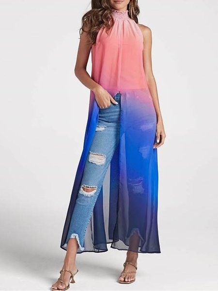 

Summer Sleeveless Lightweight Stand Collar Vacation Short Sleeve Tops, Red-blue, Tunics
