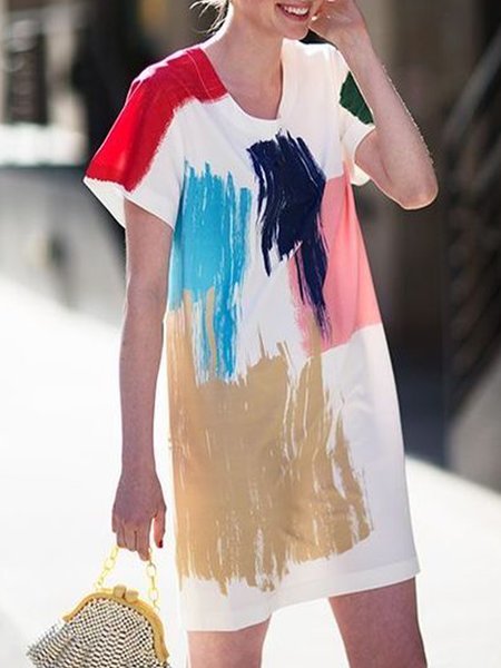 

Casual Loosen Short Sleeve Crew Neck Printed Dress, White, Mini Dresses