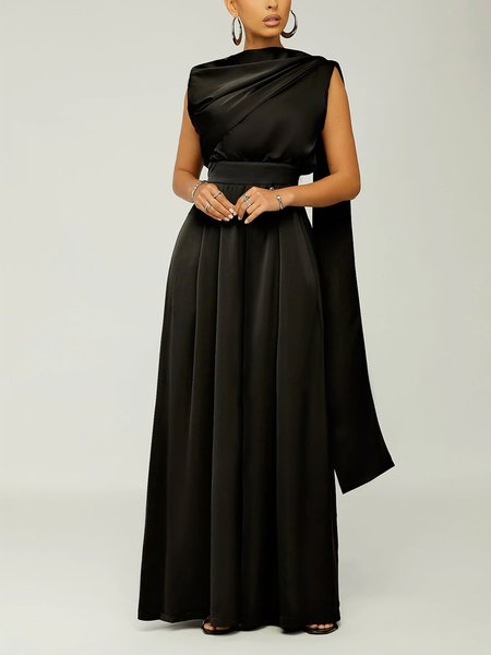 

Elegant Asymmetrical Neck Sleeveless Maxi Dress, Black, Maxi Dresses